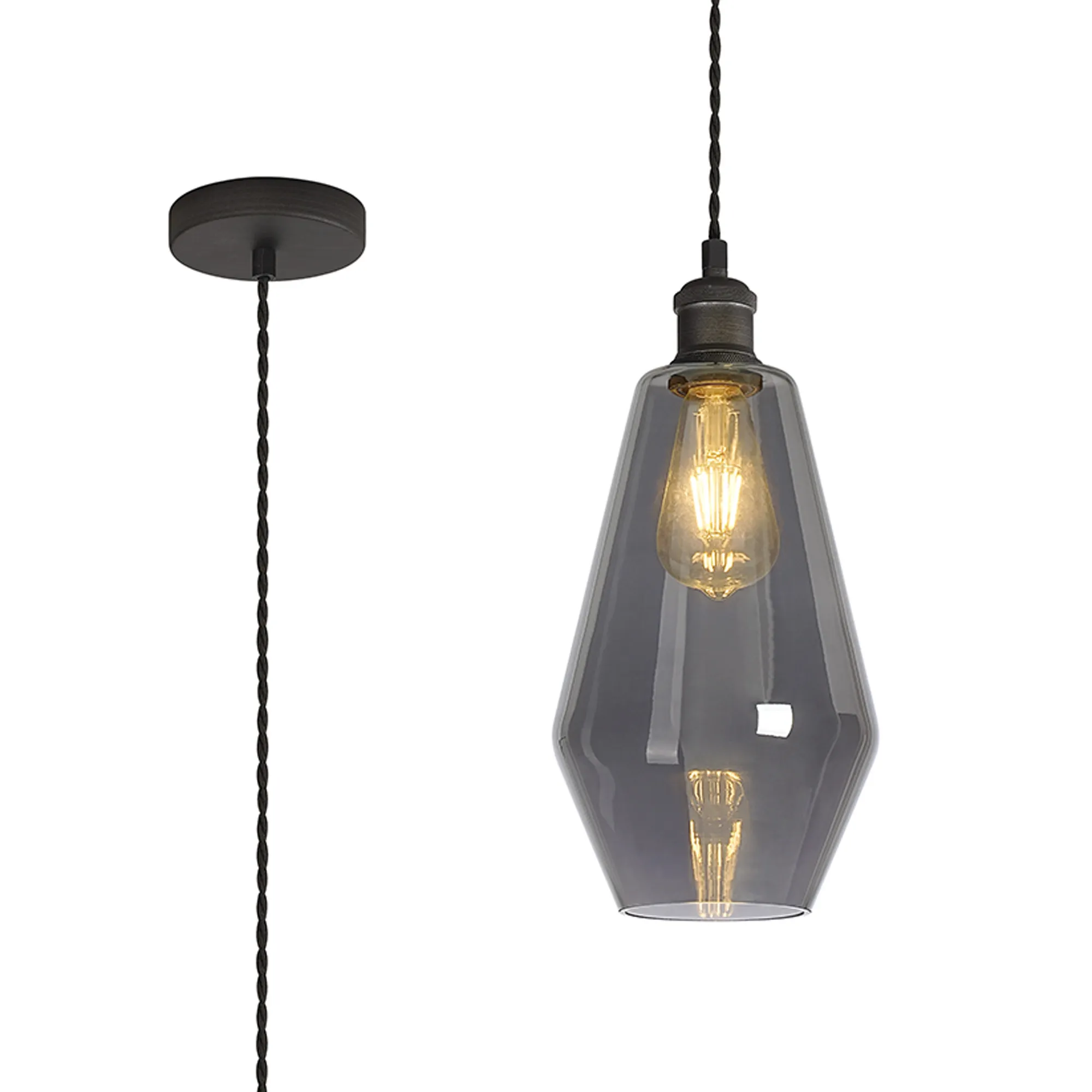 DK1142  Cawdor Single Pendant, 1 Light E27, Pewter/Dark Grey/Smoke Kite Glass